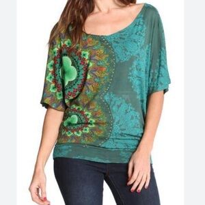 Desigual Yanira Green Short Sleeve Top Abstract Print Oversized Slouchy Small